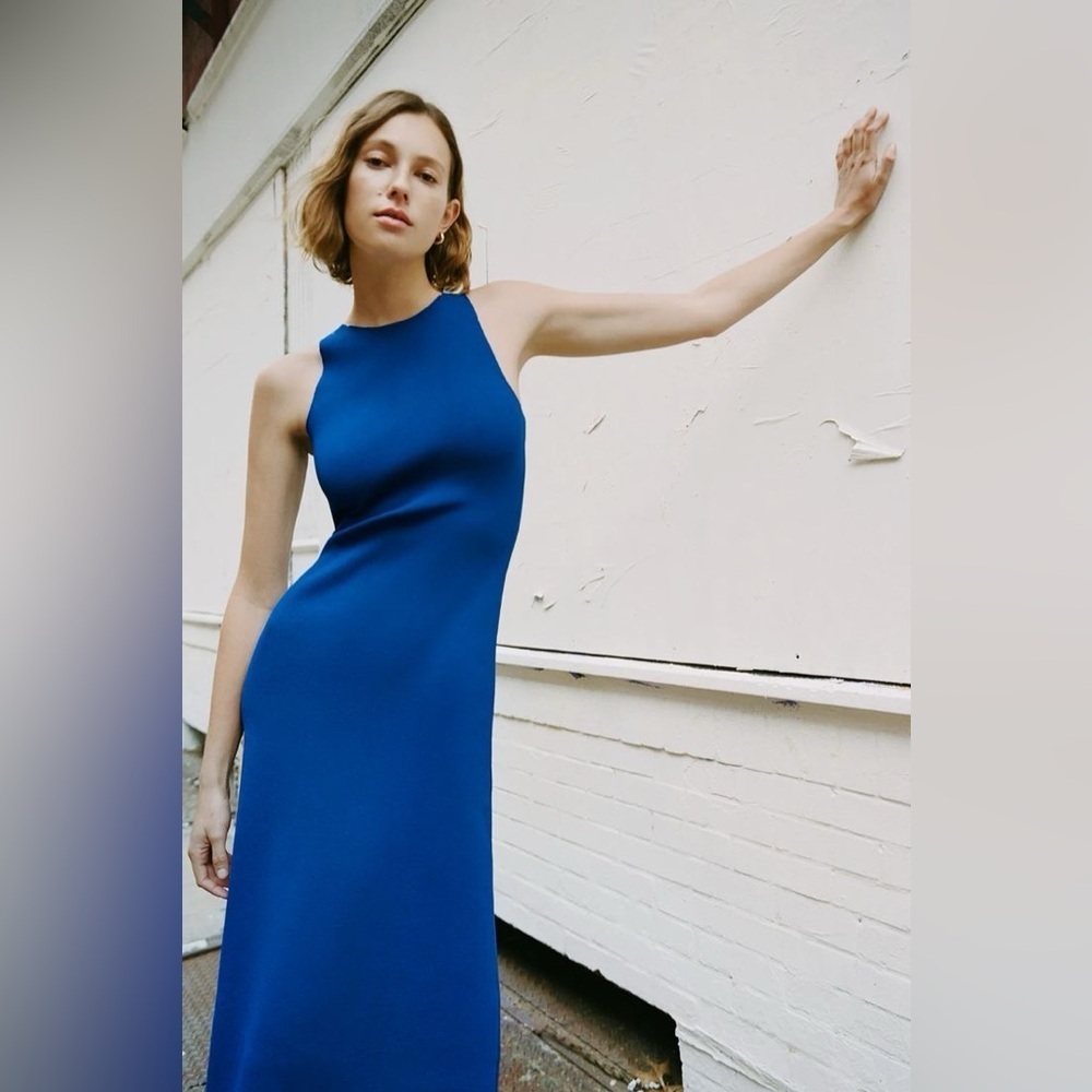 Zara Cobalt Blue Aline Knit Midi Dress Royal Resort Travel Cruise Wedding Halter - Picture 7 of 12